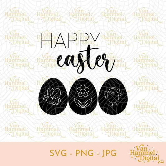 Happy Easter | 3 Eggs Bee Flower Chicken | SVG PNG JPG